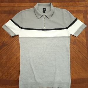 River Island Polo Men's Sz Medium Striped Gray/White Stretch NEW